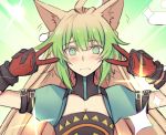  1girl @_@ ahoge animal_ears atalanta_(fate) blonde_hair blush braid breasts cat_ears cat_tail double_v emotional_engine_-_full_drive eyebrows_visible_through_hair fate/apocrypha fate_(series) gloves gradient_hair green_eyes green_hair hair_between_eyes long_hair looking_at_viewer multicolored_hair nahu solo tail thighhighs two-tone_hair v very_long_hair 