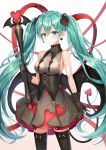  1girl aqua_hair black_gloves black_legwear corset cowboy_shot dani_(daniel) demon_tail demon_wings earrings forever_7th_capital gloves green_eyes green_hair hair_between_eyes hatsune_miku highres jewelry long_hair looking_at_viewer scepter skirt solo standing tail thighhighs twintails very_long_hair vocaloid white_background wings 