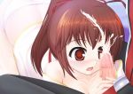  1boy 1girl bla blazblue blush brown_hair celica_a_mercury cum cum_on_hair ejaculation erection facial hetero looking_at_penis oral panties penis penis_grab ragna_the_bloodedge red_ribbon ribbon solo_focus surprised underwear white_panties 