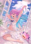  1girl absurdres armpits bare_arms bare_shoulders barefoot bibimbub blue_hair feet highres hololive looking_at_viewer minato_aqua morning navel on_bed pink_hair purple_eyes see-through virtual_youtuber 