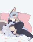  blue_hair blush breasts butt canid canine canis clothing domestic_dog dress electrycpynk eyes_closed female fur grey_body grey_fur hair hi_res husky legwear mammal nordic_sled_dog panties pillow signature simple_background spitz stockings underwear 