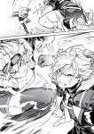  2girls absurdres battle belt collarbone cracked earrings fur_trim gloves goggles goggles_on_head greyscale hair_between_eyes highres injury jewelry kicking medium_hair monochrome multiple_girls necktie original parted_lips punching reiga_(act000) shorts speed_lines sweat thighhighs weapon 