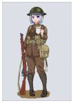  1girl backpack bag blue_eyes british brodie_helmet buriki700 commentary cup eyebrows_visible_through_hair full_body gun helmet highres holding load_bearing_equipment military military_uniform original rifle satchel short_hair silver_hair simple_background solo standing steam tea uniform weapon weapon_request world_war_i 