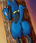  blue_body blush butt butt_pose canid canine female fur game_(disambiguation) genitals hi_res lirufan looking_at_viewer mammal nintendo nude outside pok&eacute;mon pok&eacute;mon_(species) pose pussy riolu solo standing tree video_games 