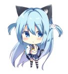  1girl :t animal_ear_fluff animal_ears bangs bare_arms bare_shoulders blue_eyes blue_hair blue_sailor_collar blue_skirt blush cat_day cat_ears cat_girl cat_hair_ornament cat_tail chibi closed_mouth eyebrows_visible_through_hair full_body hair_between_eyes hair_ornament holding holding_stuffed_animal long_hair looking_at_viewer midriff navel original pleated_skirt pout saeki_sora sailor_collar school_uniform serafuku shirt skirt sleeveless sleeveless_shirt solo standing striped striped_legwear stuffed_animal stuffed_fish stuffed_toy tail thighhighs two_side_up very_long_hair wavy_mouth white_shirt 