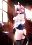  1girl absurdres anal anal_object_insertion anal_tail animal_ears ass bangs black_legwear blue_skirt blush breasts collar eye_mask fake_animal_ears fake_tail fate/grand_order fate_(series) from_behind hair_over_one_eye highres indoors large_breasts leash mash_kyrielight mask nipples object_insertion off_shoulder parted_lips pink_hair shirt short_hair skirt skirt_lift solo sunset tabobox tail thighhighs thighs white_shirt 