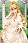  2020 5_fingers armwear big_breasts blonde_hair blue_eyes blush breasts centaur centorea_shianus_(monster_musume) cleavage clothed clothing elbow_gloves equid equid_taur female fingers gloves hair handwear lindaroze_(artist) long_hair looking_at_viewer mammal mammal_taur monster_girl_(genre) monster_musume solo taur text url 