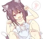  1girl :d animal_ear_fluff animal_ears armpits bangs bare_arms bare_shoulders barefoot blush bow breasts brown_eyes brown_hair cat_day cat_ears cat_girl cat_tail center_frills chinchin_kemokemo collarbone commentary_request dress eighth_note eyebrows_visible_through_hair fang frilled_dress frills fujisaki_yuu hair_ornament hairclip hands_up musical_note narugami_yuzuriha open_mouth paw_pose red_bow sleeveless sleeveless_dress small_breasts smile soles solo spoken_musical_note tail white_dress 