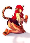 2013 all_fours anthro atlus big_breasts bottomwear breasts butt camel_toe clothing felid female hair hi_res human_to_anthro jitenshasw long_hair mammal megami_tensei megami_tensei_persona mitsuru_kirijo nipples open_mouth pantherine red_hair school_uniform shocked simple_background skirt snout solo species_transformation surprise tiger torn_clothing transformation uniform video_games watsup white_background 