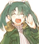  1girl blush casual closed_eyes coat eyebrows_visible_through_hair green_hair hair_between_eyes hand_up ina_(1813576) kantai_collection ribbed_sweater sketch smile solo sweater twintails upper_body zuikaku_(kantai_collection) 