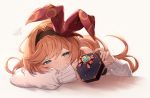  1girl box clarisse_(granblue_fantasy) eyebrows_visible_through_hair feb_itk granblue_fantasy green_eyes hair_intakes hair_ribbon hairband heart long_hair orange_hair red_ribbon ribbon solo sweat 