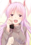  1girl alternate_costume animal_ears blush breasts bunny_ears chocolate commentary_request fork gradient gradient_background grey_sweater half-closed_eyes holding holding_fork kue large_breasts long_hair long_sleeves looking_at_viewer open_mouth pink_hair red_eyes reisen_udongein_inaba smile solo sweater touhou turtleneck turtleneck_sweater upper_body yellow_background 