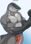  2020 absurd_res anthro biceps bulge clothed clothing fish grey_body hi_res looking_at_viewer male marine muscular muscular_male shark shiuk simple_background solo text topless url 