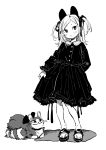  1girl :&lt; :3 absurdres animal animal_ears arm_behind_back bangs blush cat cat_ears cat_loaf child closed_mouth collared_dress contrapposto dot_nose dress expressionless fake_animal_ears full_body fusuma_(nohbrk) greyscale hair_ornament hair_ribbon head_tilt highres long_hair long_sleeves looking_at_viewer medium_dress monochrome original parted_bangs puffy_sleeves ribbon sandals simple_background skirt_hold solo standing toes tsurime two_side_up white_background 