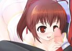  1boy 1girl blazblue blush brown_hair celica_a_mercury erection handjob hetero looking_at_penis panties penis penis_grab ragna_the_bloodedge red_ribbon ribbon smile solo_focus underwear white_panties 