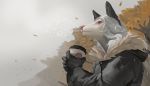  2020 5_fingers anthro autumn canid canine clothed clothing day detailed_background digital_media_(artwork) fingers hair hi_res jacket mammal outside raining red_eyes shwonky sky solo topwear tree white_hair 