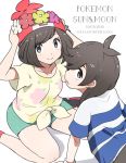  1boy 1girl beanie black_hair dated floral_print green_shorts hat head_wreath kokoroko mizuki_(pokemon) pokemon pokemon_(game) pokemon_sm red_headwear shirt short_hair short_sleeves shorts simple_background sitting smile striped striped_shirt tied_shirt white_background you_(pokemon) z-ring 