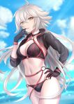  absurdres ahoge bikini black_bikini black_choker black_gloves choker cropped_jacket dealesis fate/grand_order fate_(series) gloves highres jeanne_d&#039;arc_(alter_swimsuit_berserker)_(fate) jeanne_d&#039;arc_(fate) long_hair o-ring o-ring_bikini o-ring_bottom o-ring_top shrug_(clothing) silver_hair swimsuit very_long_hair yellow_eyes 