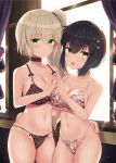  2girls :d bangs bare_shoulders black_bra black_hair black_panties blush bob_cut bra breasts choker closed_mouth collarbone commentary_request cowboy_shot curtains day eyebrows_visible_through_hair fang fingers_together green_eyes hair_between_eyes hand_on_another&#039;s_waist hands_up highres indoors kkkk12103 kure_kirika lace lace_bra lace_panties large_breasts looking_at_viewer mahou_shoujo_madoka_magica mahou_shoujo_oriko_magica midriff mikuni_oriko multiple_girls navel open_mouth panties pink_nails shiny shiny_skin short_hair side_ponytail smile standing steepled_fingers stomach string_panties underwear white_bra white_panties window yellow_eyes 
