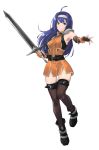  1girl ahoge belt blue_hair closed_mouth dress fingerless_gloves fire_emblem fire_emblem:_path_of_radiance fire_emblem:_radiant_dawn full_body gloves green_eyes hairband highres holding holding_sword holding_weapon j@ck long_hair mia_(fire_emblem) short_dress simple_background solo sword weapon white_background white_hairband 