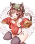  1girl absurdres animal_ear_fluff animal_ears armpits arms_up black_legwear black_panties breasts brown_eyes brown_hair cat_ears chen china_dress chinese_clothes cleavage cleavage_cutout covered_navel detached_sleeves dress dress_lift highres jewelry kneeling open_mouth panties red_dress short_hair side-tie_panties single_earring sleeping_ear sleeves_past_wrists small_breasts smile solo thick_thighs thighhighs thighs touhou underwear 