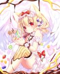  1girl angel_wings animal_ear_fluff animal_ears bangs bare_shoulders blonde_hair blurry blurry_foreground blush bow breasts cat_ears closed_mouth commentary_request depth_of_field dress eyebrows_visible_through_hair feathered_wings food food_themed_clothes fruit hair_between_eyes heart holding kiwi_slice long_hair looking_at_viewer moe2020 original parfait pocky red_bow red_eyes shikito single_thighhigh sleeveless sleeveless_dress small_breasts solo strawberry thighhighs white_dress white_legwear white_wings wings wrist_cuffs 