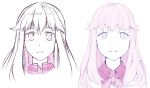  1girl closed_mouth expressionless half-closed_eyes hata_no_kokoro hiyuu_(flying_bear) long_hair looking_at_viewer monochrome pink_theme revision simple_background touhou white_background 