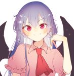  1girl alternate_hair_length alternate_hairstyle aoi_(annbi) bat_wings blush commentary fang fang_out frills hand_up lavender_hair long_hair looking_at_viewer pink_shirt red_eyes red_neckwear remilia_scarlet shirt short_sleeves smile solo touhou upper_body white_background wings 