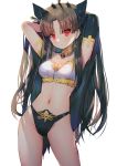 1girl armlet bangs bare_shoulders bikini black_hair blush breasts cowboy_shot crown earrings fate/grand_order fate_(series) groin hair_ribbon hanato_(seonoaiko) hands_in_hair highres hoop_earrings ishtar_(fate)_(all) ishtar_(fate/grand_order) jewelry long_hair looking_at_viewer medium_breasts navel neck_ring parted_bangs red_eyes ribbon solo stomach swimsuit two_side_up 