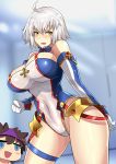  1boy 1girl absurdres ahoge altronage bangs bare_shoulders blue_eyes blush blush_stickers bradamante_(fate/grand_order) breasts brown_hair cleavage elbow_gloves fate/grand_order fate_(series) fujimaru_ritsuka_(male) gloves hair_between_eyes highres jeanne_d&#039;arc_(alter)_(fate) jeanne_d&#039;arc_(fate)_(all) large_breasts leotard looking_at_viewer object_on_head open_mouth panties panties_on_head purple_panties riyo_(lyomsnpmp)_(style) short_hair silver_hair spiked_hair thigh_strap thighs underwear yellow_eyes 