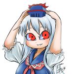  1girl arms_up avatar_icon blue_hair blue_sclera chamaji check_commentary close-up commentary_request hair_between_eyes hands_on_headwear hat hat_ribbon kamishirasawa_keine long_hair looking_at_viewer lowres neckerchief puffy_short_sleeves puffy_sleeves red_eyes red_neckwear ribbon short_sleeves signature simple_background smile solo touhou upper_body white_background 