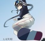  1girl alternate_costume beanie black_hair black_jacket blue_sky gloves goggles goggles_on_head hat ichinomiya_(blantte) jacket kantai_collection long_hair long_sleeves pants ponytail red_eyes sidelocks sky snowboard snowboarding solo white_gloves white_headwear white_pants winter_clothes yahagi_(kantai_collection) 