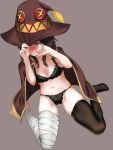  1girl bandaged_leg bandages black_bra black_hair black_legwear black_panties blush bra breasts closed_mouth grey_background hat highres kono_subarashii_sekai_ni_shukufuku_wo! megumin panties red_eyes short_hair simple_background single_thighhigh sitting small_breasts solo tama_(seiga46239239) thighhighs underwear wariza witch_hat 