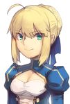  1girl ahoge artoria_pendragon_(all) bangs blonde_hair blue_dress boa_(brianoa) braid braided_bun breasts cleavage_cutout closed_mouth dress eyebrows_visible_through_hair fate/stay_night fate_(series) green_eyes hair_between_eyes hair_bun highres juliet_sleeves long_sleeves looking_at_viewer puffy_sleeves saber sidelocks simple_background small_breasts smile solo upper_body white_background 
