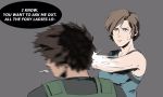  1boy 1girl black_hair blue_eyes carlos_oliveira commentary english_commentary english_text facial_hair highres in_the_face jill_valentine motion_blur redesign resident_evil resident_evil_3 short_hair slapping speech_bubble stubble sweatdrop tirtyturtle 