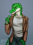  alligator alligatorid anthro bottomwear claws clothed clothing cregon crocodile crocodilian crocodylid fully_clothed half-closed_eyes hi_res idoodle2draw jeans looking_at_viewer male narrowed_eyes pants reptile scalie smile teeth 