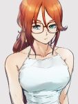  1girl alternate_costume alternate_hairstyle android_21 blue_eyes breasts closed_mouth collarbone dragon_ball dragon_ball_fighterz earrings glasses grey_background hoop_earrings jewelry kemachiku long_hair looking_to_the_side medium_breasts ponytail red_hair simple_background solo 