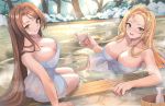  2girls absurdres bangs beatrix_(granblue_fantasy) blonde_hair blue_eyes blush bottle breasts brown_eyes brown_hair bucket cleavage commentary_request cup granblue_fantasy highres holding holding_cup huge_breasts long_hair looking_at_viewer looking_back multiple_girls naked_towel onsen parted_bangs partially_submerged renzu_(lens_02) sitting smile snow towel very_long_hair water zeta_(granblue_fantasy) 