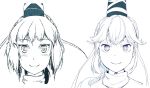 blue_theme closed_mouth hat hiyuu_(flying_bear) japanese_clothes long_hair looking_at_viewer monochrome mononobe_no_futo ponytail revision ribbon simple_background smile tate_eboshi touhou white_background 