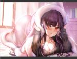  1girl bangs black_sweater blush bra breasts casual cleavage day eyebrows_visible_through_hair girls_frontline indoors large_breasts letterboxed long_hair looking_at_viewer on_bed open_mouth purple_bra purple_hair qian_wu_atai red_eyes solo sweater under_covers underwear wa2000_(girls_frontline) 