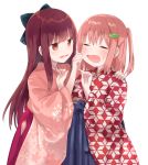  2girls =_= bangs black_bow blue_bow blue_hakama blunt_bangs blush bow brown_eyes brown_hair brown_kimono cheek_pinching chiune_(yachi) closed_eyes copyright_request eyebrows_visible_through_hair floral_print hair_between_eyes hair_bow hair_ornament hairclip hakama hand_on_another&#039;s_shoulder hands_up highres japanese_clothes kimono long_hair long_sleeves looking_at_another multiple_girls one_side_up open_mouth pinching print_kimono purple_hakama red_kimono simple_background sweat very_long_hair white_background wide_sleeves 