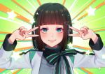  1girl bangs black_nails black_ribbon blush bow brown_hair commentary_request double_v emotional_engine_-_full_drive green_ribbon humagear_headphones izu_(kamen_rider_01) jacket kamen_rider_01_(series) large_ribbon long_sleeves noriuma ribbon robot_ears short_hair smile solo star v 