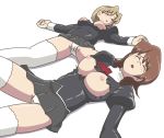  2girls :o agent_aika aika_(series) bad_hands bangs black_delmo black_jacket black_skirt blonde_hair blush breasts breasts_outside brown_hair closed_eyes covered_nipples crotch_seam delmogeny_uniform eyebrows_visible_through_hair jacket juliet_sleeves kuroyoshi legs long_hair long_sleeves lying miniskirt misaki_(agent_aika) multiple_girls naomi_(agent_aika) nipples no_bra on_back on_floor open_mouth panties pantyshot pantyshot_(lying) pleated_skirt puffy_sleeves saliva short_hair skirt spread_legs thighhighs thighs torn_clothes torn_jacket unconscious underwear uniform white_background white_legwear white_panties 