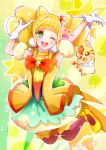  1girl ;d blonde_hair cat choker coat commentary_request cure_sparkle earrings gloves green_eyes healin&#039;_good_precure highres hiramitsu_hinata jewelry magical_girl magu_(magupan) nyatoran_(precure) one_eye_closed open_mouth pom_pom_earrings precure sleeveless smile 