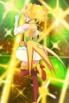 1girl blonde_hair brown_legwear bubble_skirt cure_sparkle earrings from_behind gloves green_eyes haruyama_kazunori healin&#039;_good_precure hiramitsu_hinata jewelry magical_girl open_mouth pom_pom_earrings precure short_hair skirt smile solo sparkle_background standing standing_on_one_leg thighhighs twintails v white_gloves 