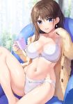  1girl barefoot blue_eyes boku_no_kanojo_sensei bra breasts brown_hair brown_jacket cleavage coffee_mug collarbone crotch_seam cup earrings fujiki_maka groin half_updo holding holding_cup jacket jewelry knee_up large_breasts long_hair looking_at_viewer mug navel off_shoulder open_clothes open_jacket open_mouth oryou panties reclining smile solo stomach thighs underwear white_bra white_panties 
