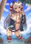  1girl absurdres amatsukaze_(kantai_collection) beach black_panties blue_sky blush breasts brown_dress brown_eyes cloud dress garter_straps hair_tubes hairband highres kantai_collection long_hair looking_at_viewer ocean open_clothes open_mouth palm_tree panties sailor_dress shiina_aoi short_dress sitting sky small_breasts smile solo striped striped_legwear thighhighs tree two_side_up underwear 