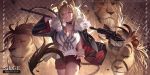  1girl animal_ears arknights bangs bare_shoulders black_jacket blonde_hair breasts brown_eyes candy choker cleavage collarbone cowboy_shot food fur-trimmed_jacket fur_trim hair_between_eyes holding holding_hammer j_315_(jean) jacket large_breasts lion lion_ears lion_tail lollipop long_hair looking_at_viewer mouth_hold red_shorts shorts sidelocks siege_(arknights) solo tail tank_top wavy_hair wide_sleeves 