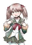  1girl brown_eyes brown_hair cosplay fang fur-trimmed_sleeves fur_trim green_jacket green_sailor_collar green_skirt jacket kantai_collection kirigakure_(kirigakure_tantei_jimusho) long_sleeves looking_at_viewer neck_ribbon open_mouth pantyhose pleated_skirt red_ribbon ribbon ryuujou_(kantai_collection) sailor_collar school_uniform serafuku shimushu_(kantai_collection) shimushu_(kantai_collection)_(cosplay) simple_background skin_fang skirt smile solo twintails white_background white_legwear 