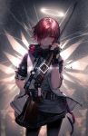  1girl absurdres arknights belt black_legwear copyright_name exusiai_(arknights) fingerless_gloves gloves gun hair_over_one_eye halo highres holding holding_gun holding_weapon hood hooded_jacket jacket looking_at_viewer red_eyes red_hair rifle scope short_hair sleeves_rolled_up smile sniper_rifle solo tagme ukai_saki weapon 